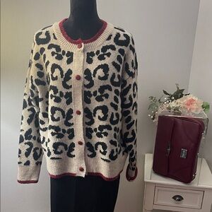 Black and Cream Leopard Print Sweater with Red Trim